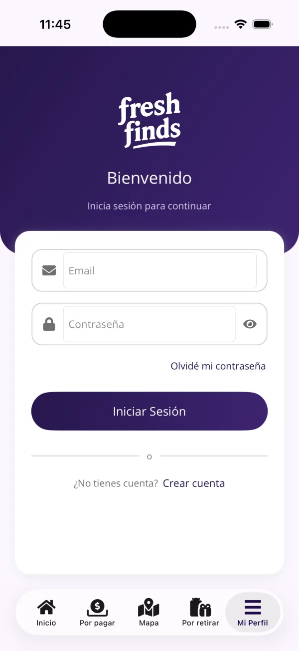 Pantalla de inicio de sesión de la app Fresh Finds