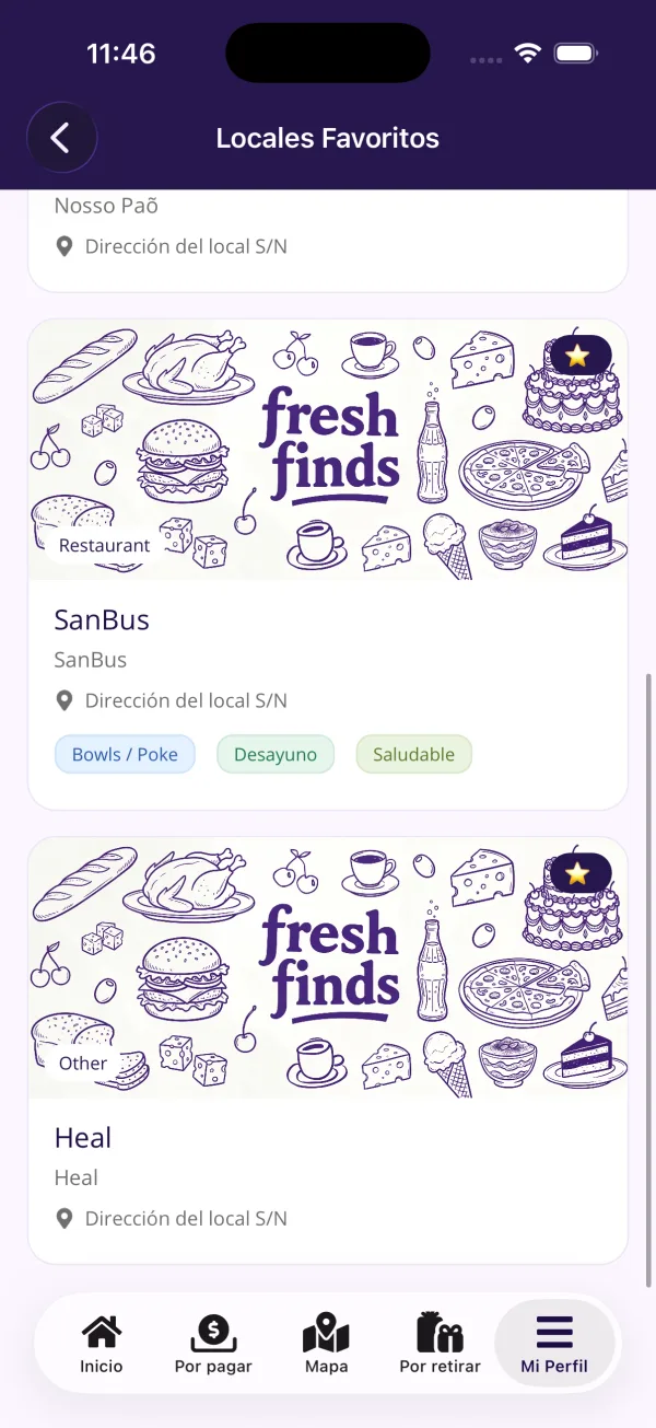 Lista de locales favoritos guardados en la app Fresh Finds