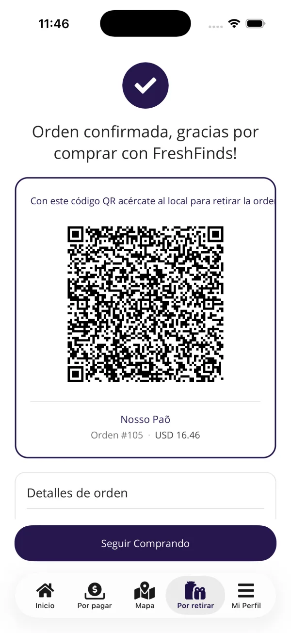 Confirmación de orden con código QR en la app Fresh Finds