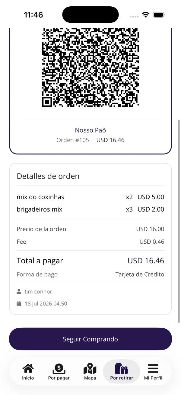 Código QR y detalle de la orden para retirar en el local