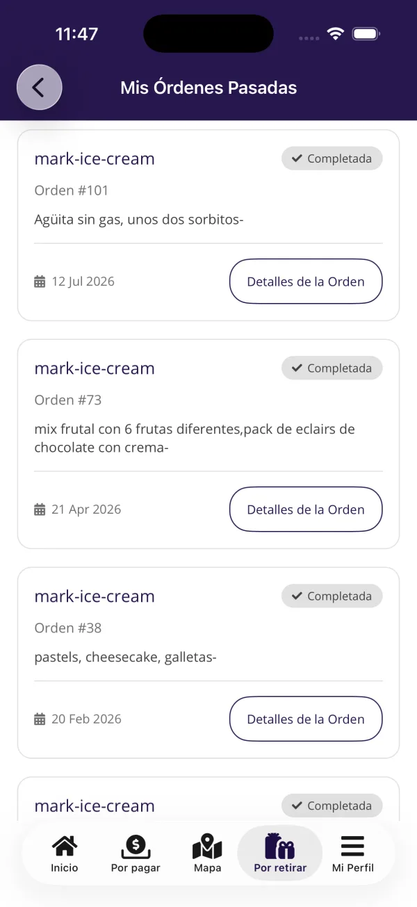 Historial de órdenes pasadas en la app Fresh Finds