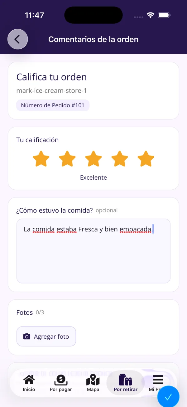 Pantalla para calificar la orden con estrellas y comentarios