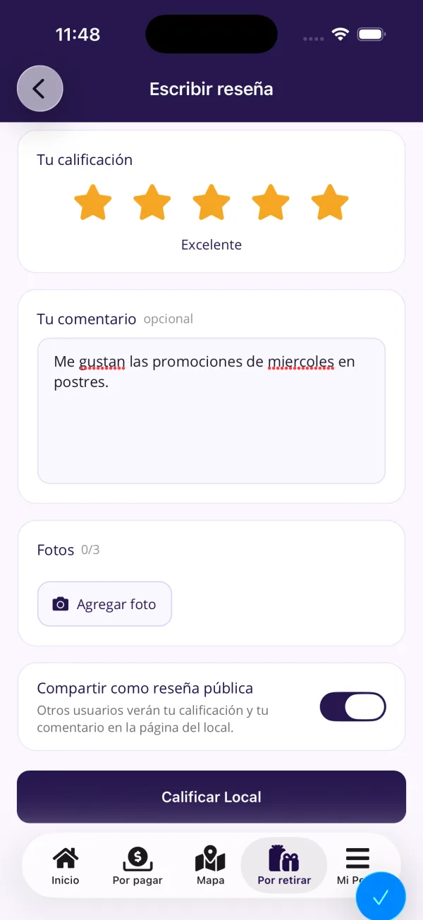 Pantalla para escribir una reseña pública del local con fotos