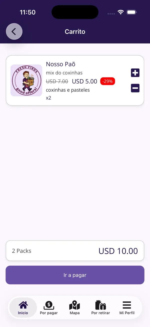 Carrito de compras con packs rescatados en la app Fresh Finds