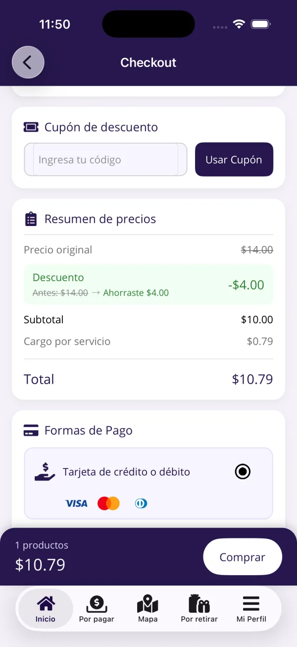 Resumen de precios y formas de pago en el checkout de Fresh Finds
