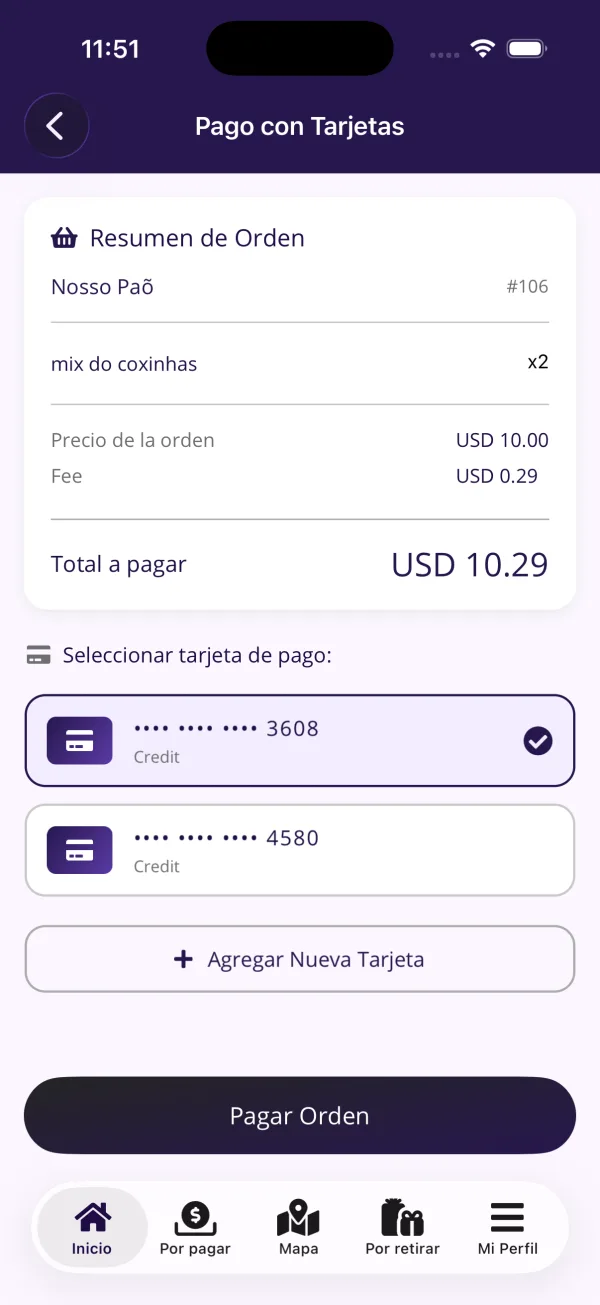 Selección de tarjeta de crédito guardada para pagar la orden
