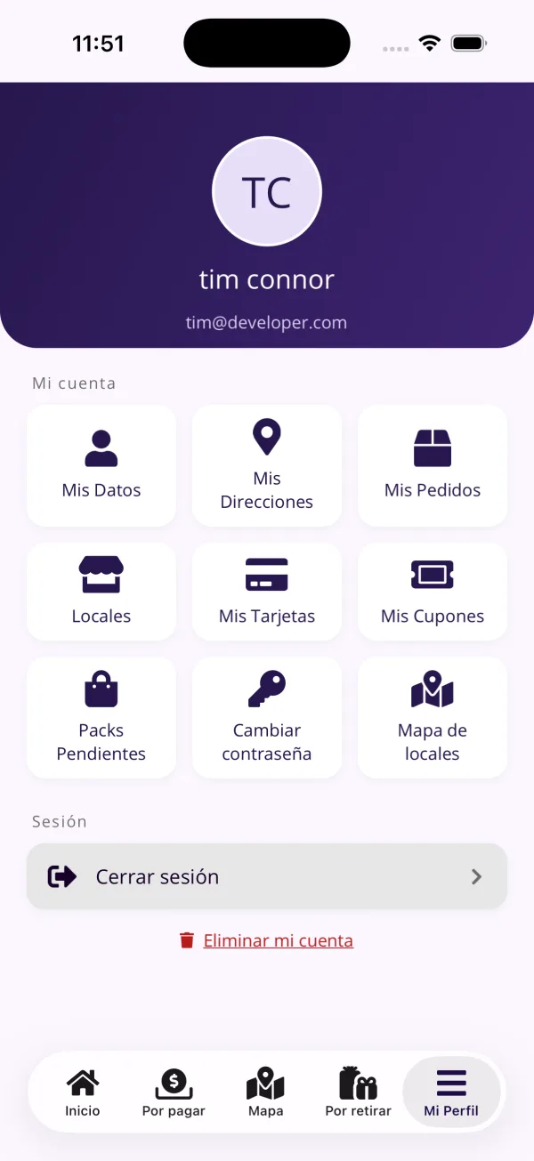 Menú de perfil con accesos a pedidos, locales, tarjetas, cupones y mapa en la app Fresh Finds